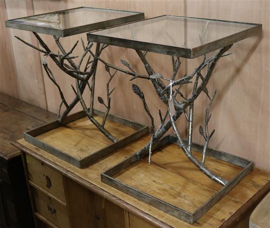 A pair of rustic glass top tables W.46cm